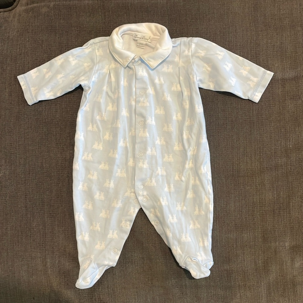 Kissy Kissy 3-6M footie. Light blue with bunny pattern. Pima cotton.